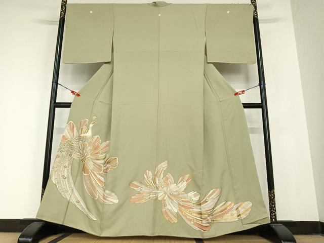 平和屋着物●豪華色留袖 駒刺繍 孔雀花文 金彩 正絹 逸品 AABB6596zg