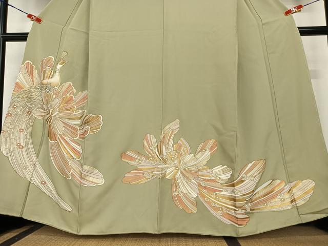 平和屋着物●豪華色留袖 駒刺繍 孔雀花文 金彩 正絹 逸品 AABB6596zg