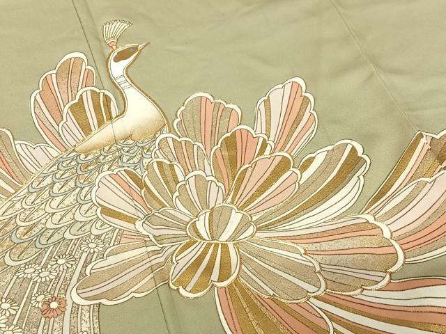 平和屋着物●豪華色留袖 駒刺繍 孔雀花文 金彩 正絹 逸品 AABB6596zg