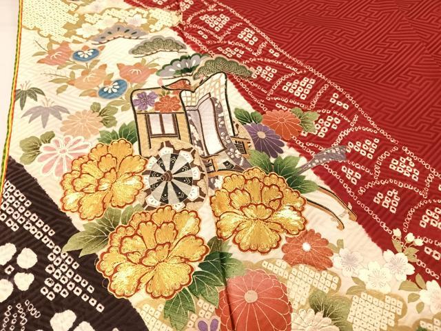 平和屋着物●ブライダルファッションデザイナー・桂由美 振袖 駒刺繍 御所車花文 金糸 金彩 正絹 逸品 AABB6601np