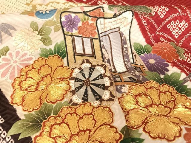 平和屋着物●ブライダルファッションデザイナー・桂由美 振袖 駒刺繍 御所車花文 金糸 金彩 正絹 逸品 AABB6601np