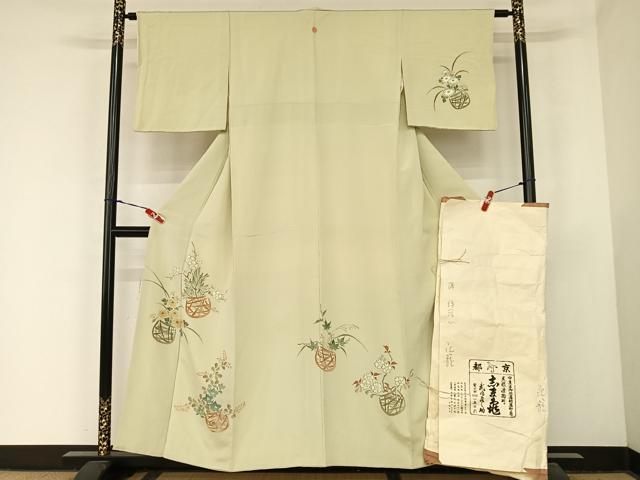 平和屋着物●銀座 志ま亀 訪問着 手描き 花籠 金彩 たとう紙付き 正絹 逸品 AABB6607np
