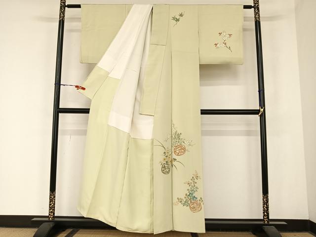 平和屋着物●銀座 志ま亀 訪問着 手描き 花籠 金彩 たとう紙付き 正絹 逸品 AABB6607np
