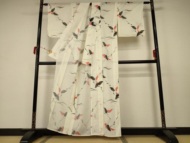 平和屋着物*夏物 小紋 絽 枝葉文 洗える着物 AABB6702jd