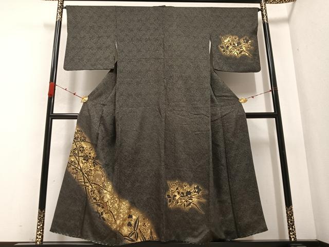 平和屋着物●訪問着 竹屋町刺繍 草花文 黒地 金彩 正絹 逸品 AABB7203ph