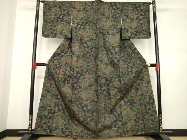 平和屋着物●本場大島紬 一元7マルキ 花籬文 黒地 正絹 逸品 AABB7329ck