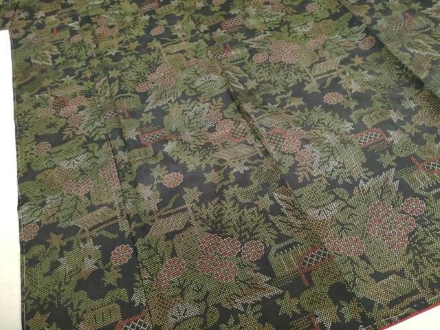 平和屋着物●本場大島紬 一元7マルキ 花籬文 黒地 正絹 逸品 AABB7329ck