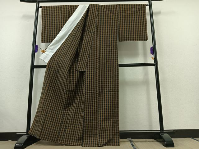 平和屋着物▽上質な紬 単衣 格子 正絹 逸品 AABB7722jh