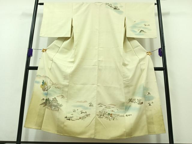 平和屋着物▽訪問着 単衣 紬地 作家物 風景人物文 正絹 逸品 AABB7741jh