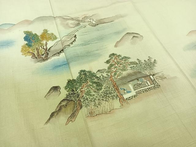 平和屋着物▽訪問着 単衣 紬地 作家物 風景人物文 正絹 逸品 AABB7741jh