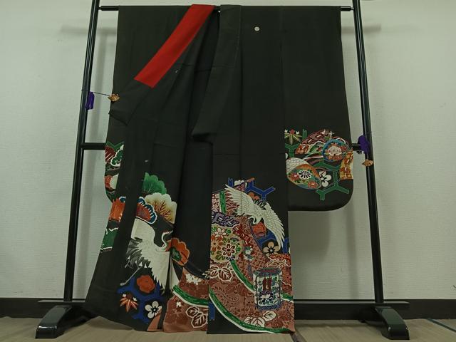 平和屋着物▽アンティーク 大正ロマン 振袖 単衣 飛鶴吉祥花文 金彩 正絹 逸品 AABB7754jh