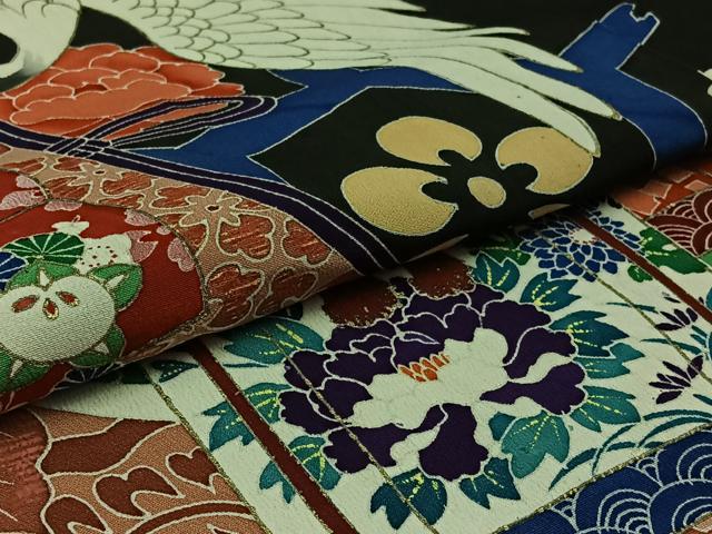 平和屋着物▽アンティーク 大正ロマン 振袖 単衣 飛鶴吉祥花文 金彩 正絹 逸品 AABB7754jh