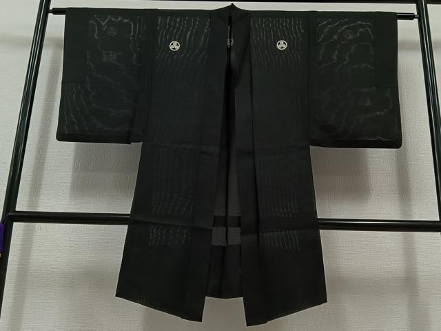 平和屋着物▽男性 黒紋付 長羽織 スリーシーズン 春夏秋 塵除け 暗黒色 正絹 逸品 AABB8007jh