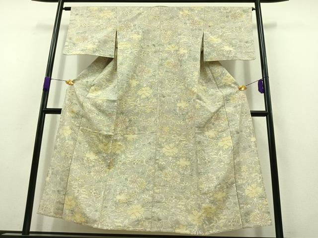 平和屋着物▽上質な紬 単衣 草花文 正絹 逸品 AABB8021jh