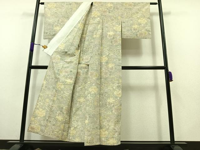 平和屋着物▽上質な紬 単衣 草花文 正絹 逸品 AABB8021jh