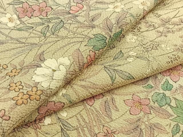 平和屋着物▽上質な小紋 単衣 草花文 鬼しぼ縮緬 正絹 逸品 AABB8023jh