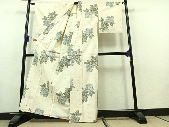 平和屋着物▽上質な紬 単衣 草花文 正絹 逸品 AABB8039jh