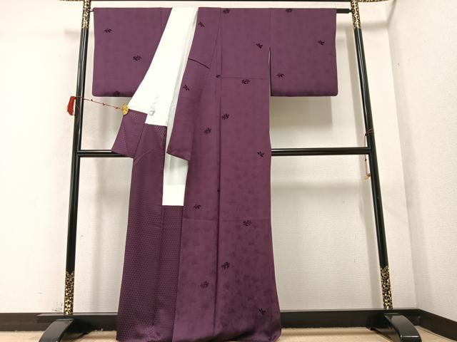平和屋着物●上質な色無地 花鳥唐草地紋 滅紫色 輪奈ビロード 正絹 逸品 AABB8178ph
