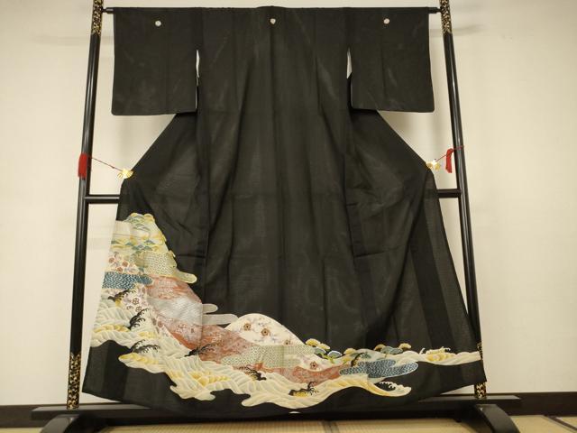 平和屋着物*夏物 アンティーク 大正ロマン 黒留袖 絽 刺繍 立波吉祥文 金糸 金銀彩 正絹 逸品 AABB8245jd