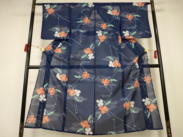 平和屋着物*夏物 小紋 絽 立波草花文 洗える着物 AABB8287jd