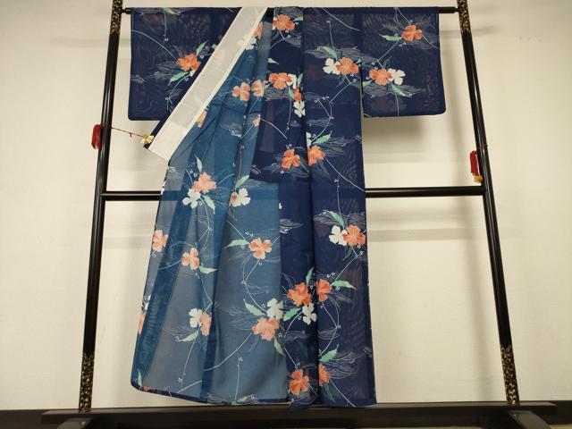 平和屋着物*夏物 小紋 絽 立波草花文 洗える着物 AABB8287jd