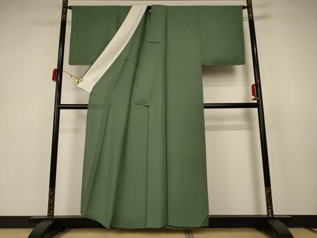 平和屋着物*夏物 色無地 縦絽 麹塵色 反端付き 正絹 逸品 未使用 AABB8297jd