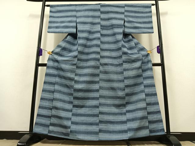 平和屋着物▽上質な紬 単衣 横段文 正絹 逸品 AABB8369jh