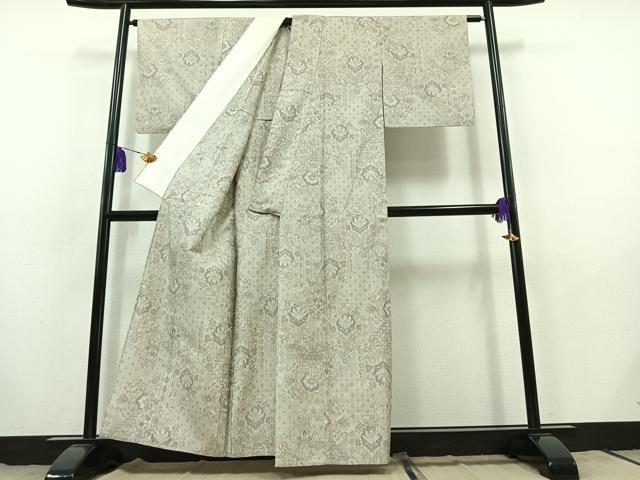 平和屋着物▽上質な紬 単衣 草花文 正絹 逸品 AABB8399jh