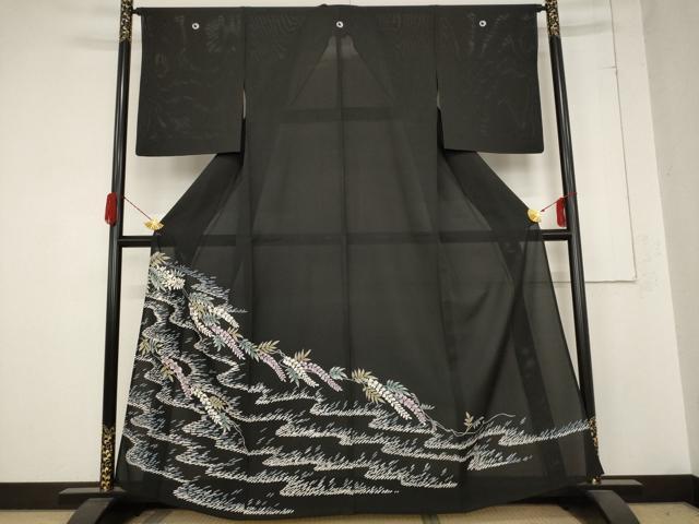 平和屋着物*夏物 黒留袖 絽 流水枝花文 正絹 逸品 AABB8652st