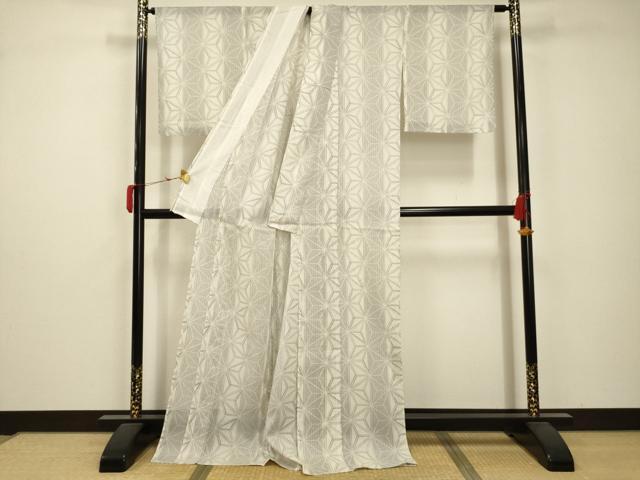 平和屋着物*夏物 小紋 紗 麻の葉文様 ロング丈 洗える着物 AABB8806sx