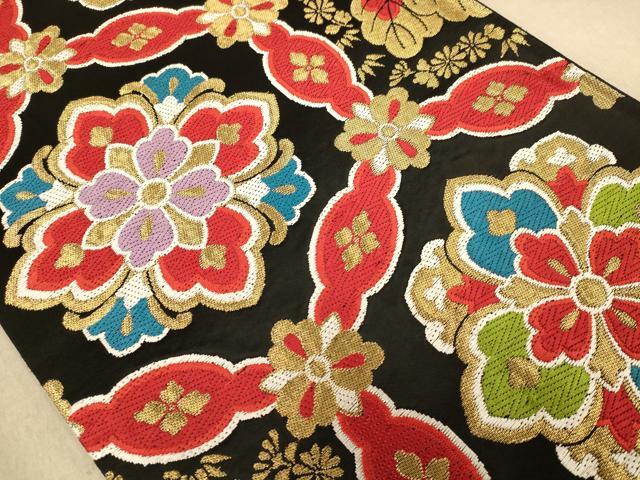 平和屋着物◎六通柄袋帯 唐織 舞花文 黒地 金糸 正絹 逸品 AABB9051dt