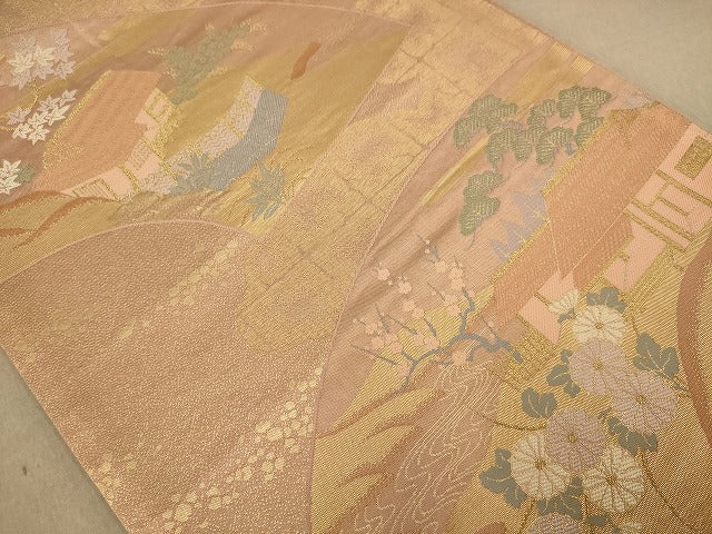 平和屋着物◎六通柄袋帯 唐織 風景花文 金糸 正絹 逸品 AABB9052dt