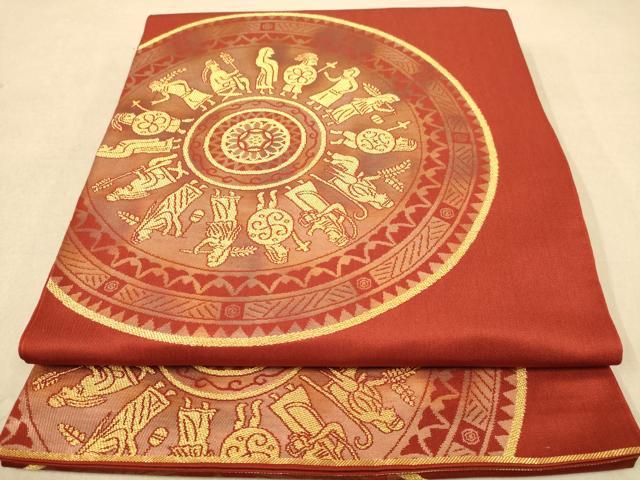 平和屋着物◎全通柄袋帯 人物風景文 金糸 正絹 逸品 AABB9056dt