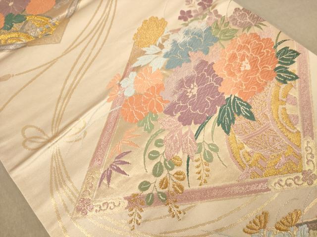 平和屋着物◎六通柄袋帯 唐織 花車文 金糸 正絹 逸品 AABB9077dt
