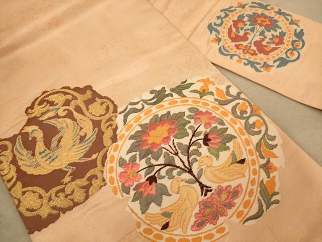 平和屋着物◎九寸名古屋帯 花鳥文 金糸 正絹 逸品 AABB9148dt