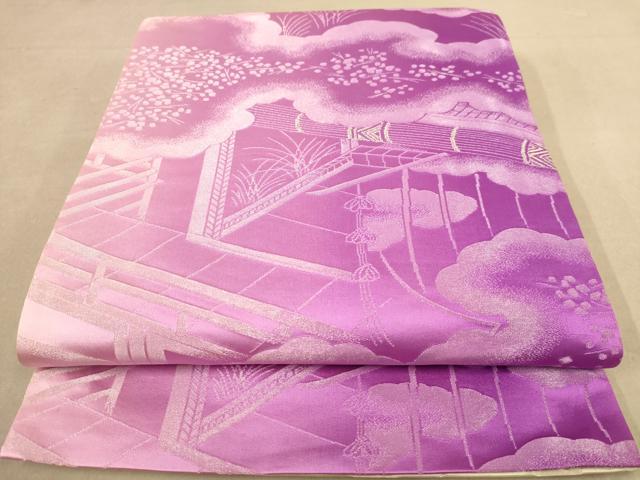平和屋着物◎両面 全通柄袋帯 風景文 銀通し地 正絹 逸品 AABB9165dt