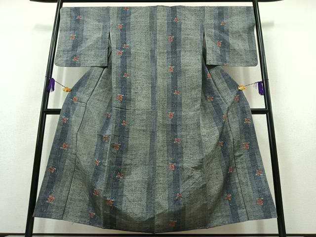 平和屋着物▽上質な紬 単衣 草花文 正絹 逸品 AABB9218jh