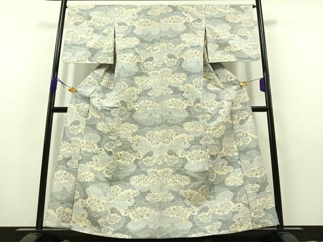 平和屋着物▽上質な紬 単衣 雲取り花文 正絹 逸品 AABB9228jh