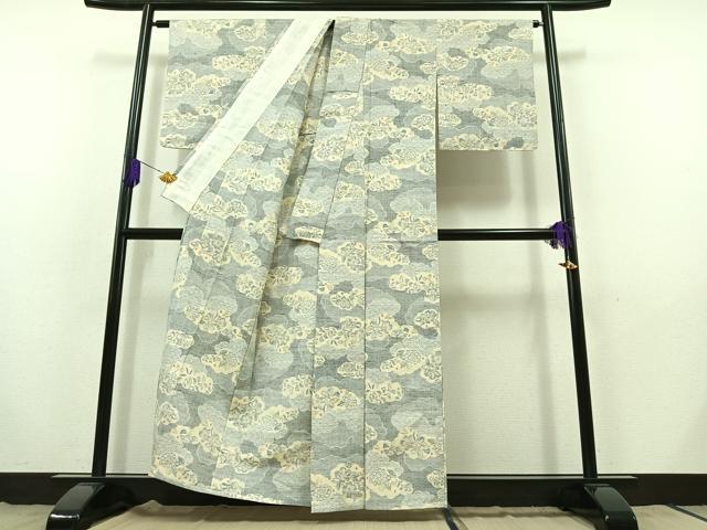 平和屋着物▽上質な紬 単衣 雲取り花文 正絹 逸品 AABB9228jh