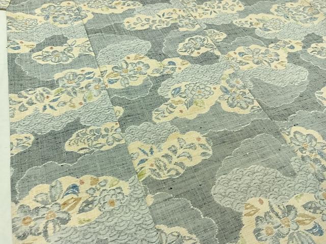 平和屋着物▽上質な紬 単衣 雲取り花文 正絹 逸品 AABB9228jh