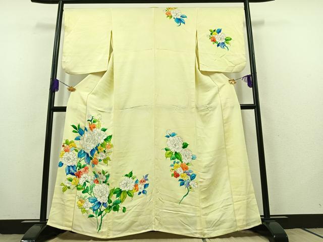 平和屋着物▽訪問着 単衣 手描き 草花文 正絹 逸品 AABB9232jh