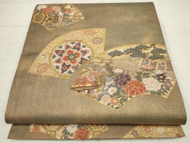 平和屋着物▼六通柄袋帯 地紙風景花鳥文 松竹梅 金糸 正絹 逸品 AABB9678wj