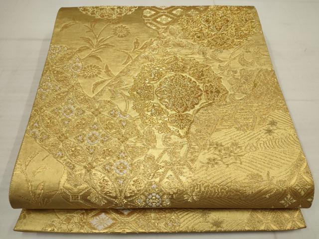 平和屋着物▼六通柄袋帯 吉祥花唐草文 金糸 正絹 逸品 AABB9763wj