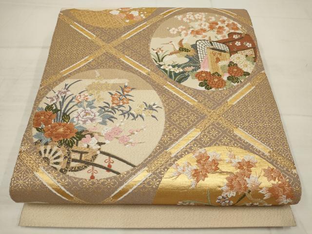 平和屋着物▼綴れ 太鼓柄袋帯 花車飛鶴丸文 金糸 正絹 逸品 AABB9871wj