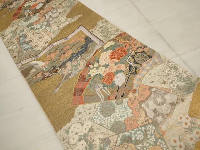 平和屋着物▼六通柄袋帯 王朝の粋 地紙花車文 金銀糸 正絹 逸品 AABB9908wj