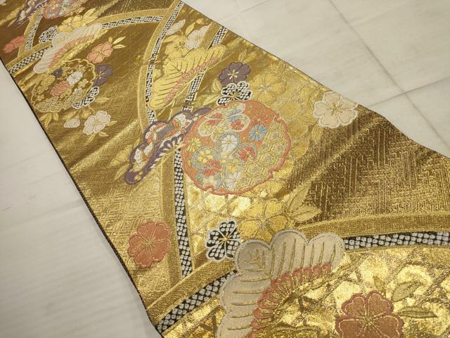 平和屋着物▼佐賀錦 六通柄袋帯 雪輪花蝶文 金糸 正絹 逸品 AABB9935wj