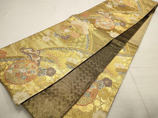 平和屋着物▼佐賀錦 六通柄袋帯 雪輪花蝶文 金糸 正絹 逸品 AABB9935wj