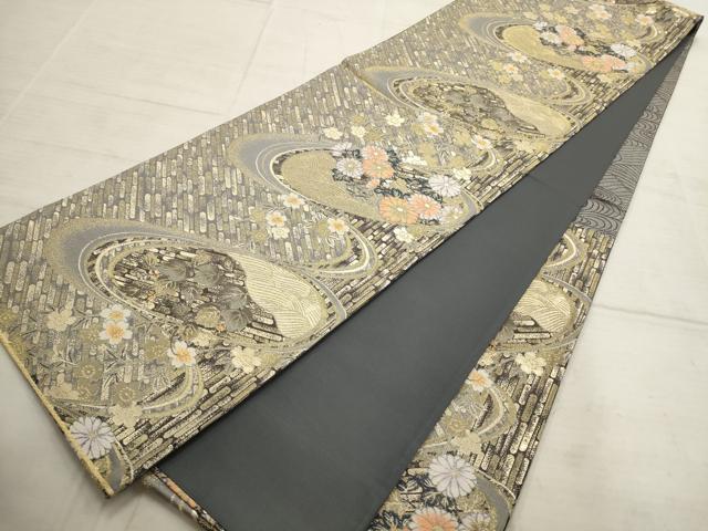 平和屋着物▼六通柄袋帯 流水草花文 金糸 正絹 逸品 AABB9949wj