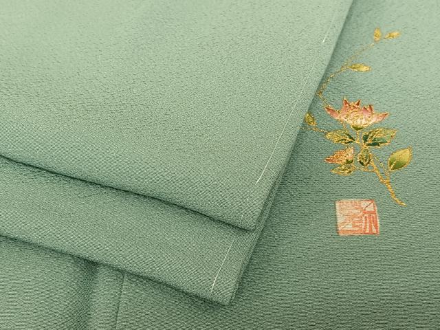 美品［ 色無地 ］正絹　着物　灰みの淡い緑　ちりめん　作家物　塩月弥栄子 平和屋着物○塩月弥栄子 熊谷栄美子 色無地 水浅葱色 正絹