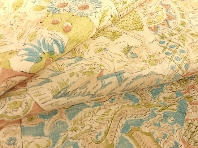 平和屋着物●上質な小紋 紬地 手描き 切嵌人物風景花文 正絹 逸品 AABC0060zg
